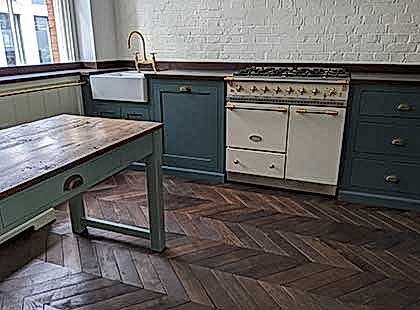 Old hand made oak vintage chevron parquet installed in Victorian kitchen Fin Wood #CraftedForLife