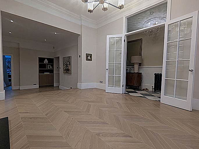  Silver-white chevron parquet flooring in a spacious Victorian terrace #CraftedForLife