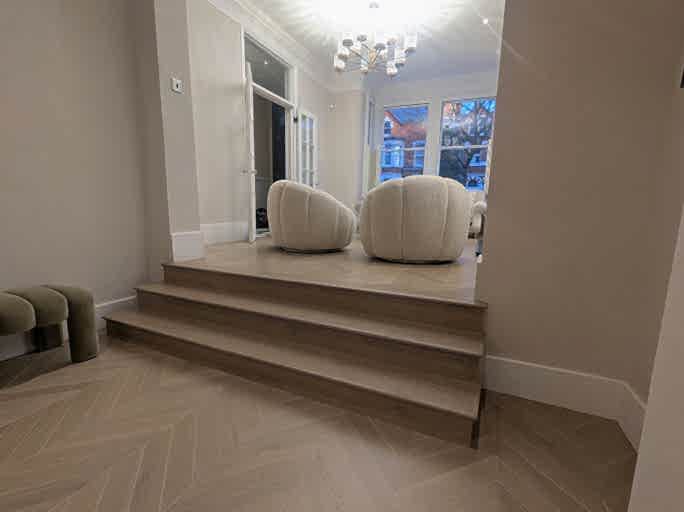  Silver-white chevron parquet flooring in a spacious Victorian terrace #CraftedForLife